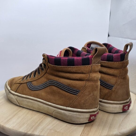 Vans SK8-Hi MTE Sneaker Boots Brown Suede Red Plaid Flannel Lined Size 10 Men - Picture 7 of 9